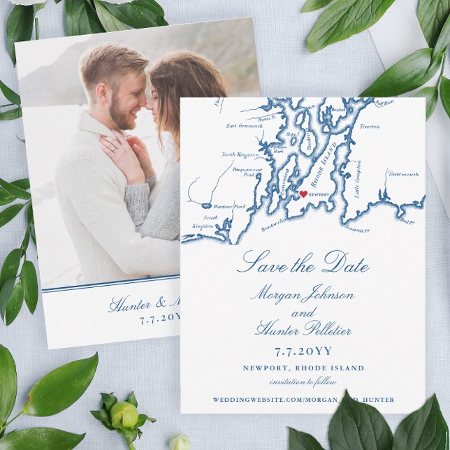 Newport Rhode island Elegant Navy Bröllop Spara Datumet (These elegant Newport Rhode Island save the dates have a map of Narragansett Bay and a photo back.)