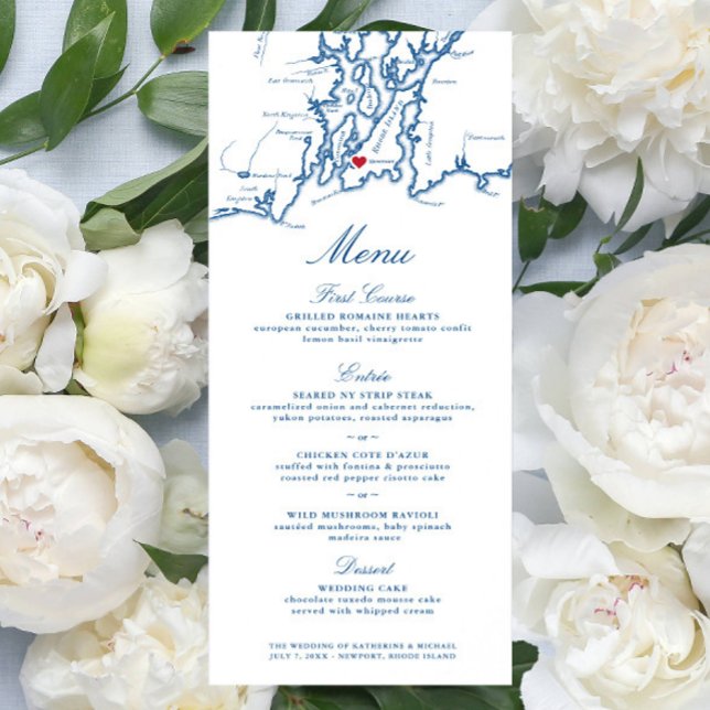 Newport Rhode island Karta Elegant Navy-skript Meny (Newport RI Wedding Menu with Elegant navy Blue Narragansett Bay Map from Coastal Map Designs)