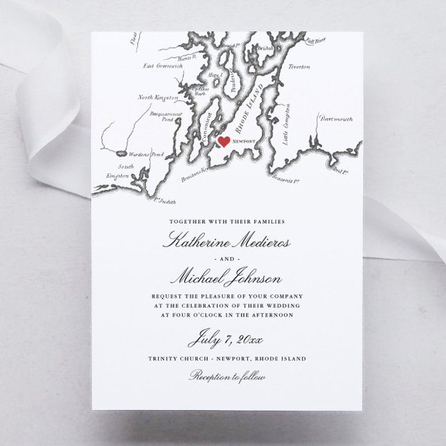 Newport Rhode island Karta Svarta och vita Bröllop Inbjudningar (Black and White Newport Rhode Island Wedding invitations)