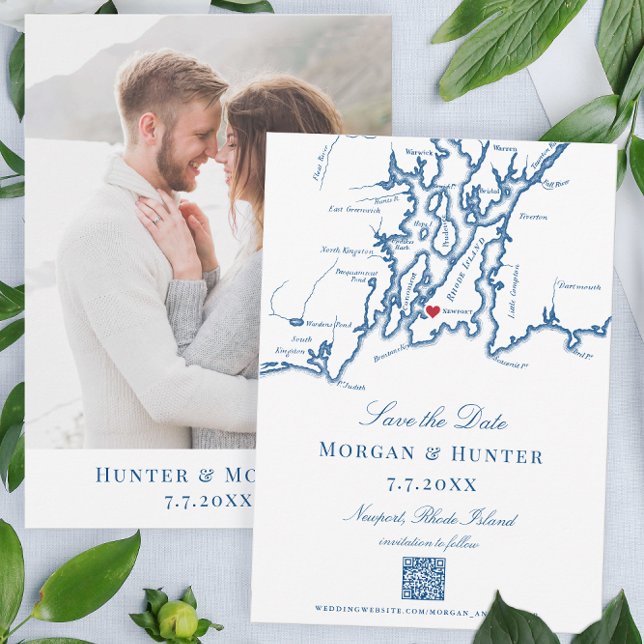 Newport Rhode island Spara datum Elegant QR-kod Spara Datumet (These navy Newport, Rhode Island save the dates have a QR code for your destination wedding website.)