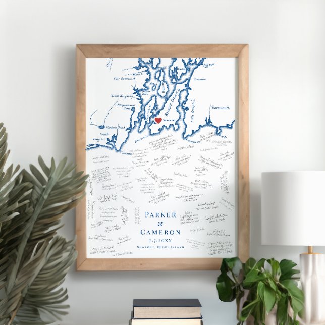 Newport RI Bröllop Elegant Guest Bok Poster (Newport RI Wedding Alternative Guest Book Poster Print in elegant navy blue from Coastal Map Designs)