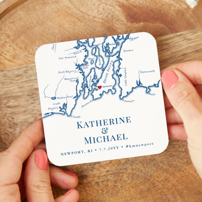 Newport RI Bröllop Välkommen Party Cocktail Hour Underlägg Papper Kvadrat (Newport RI Map Personalized Wedding Drink Coasters in elegant Navy Blue from Coastal Map Designs)