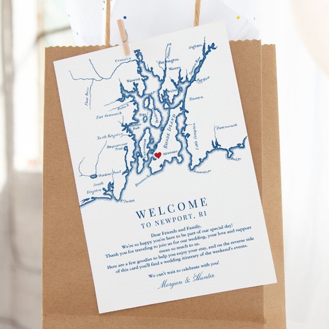 Newport RI Bröllops-välkomst-helg Itinerary Tack Kort (These Newport Rhode Island wedding welcome letters include a weekend events itinerary on the back)