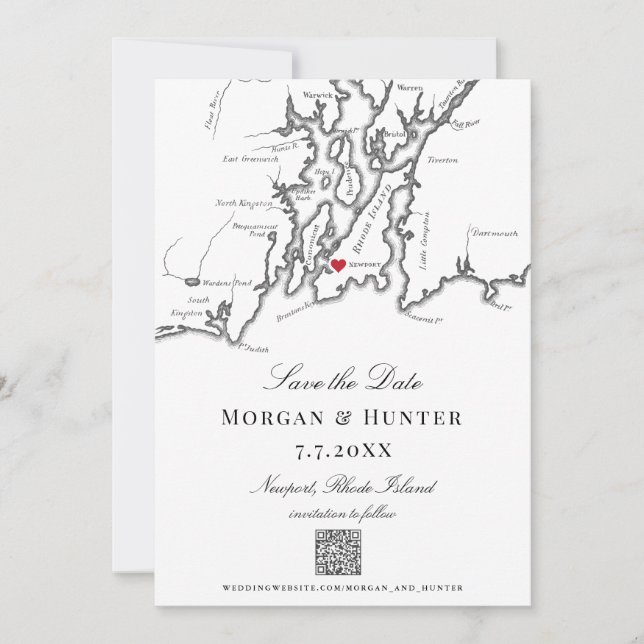 Newport RI Karta Black and White Elegant QR-kod Spara Datumet (Framsida)