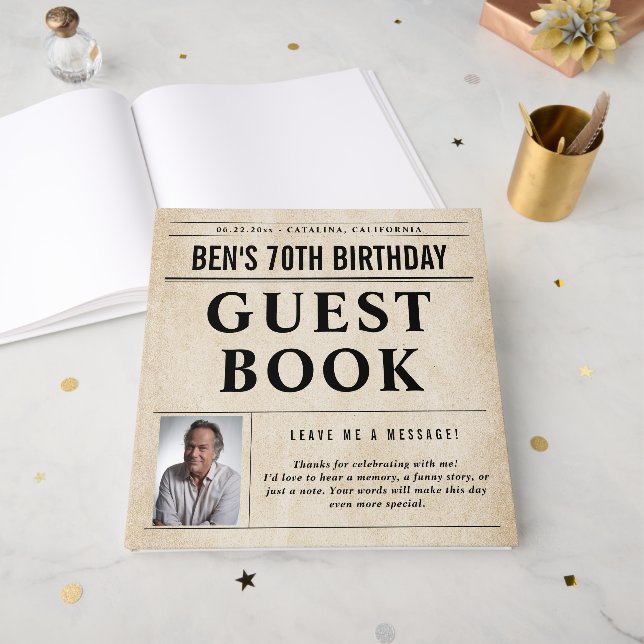 Newspaper Birthday News Funny Humorous Men 70th Gästböcker (Framsidan öppen)