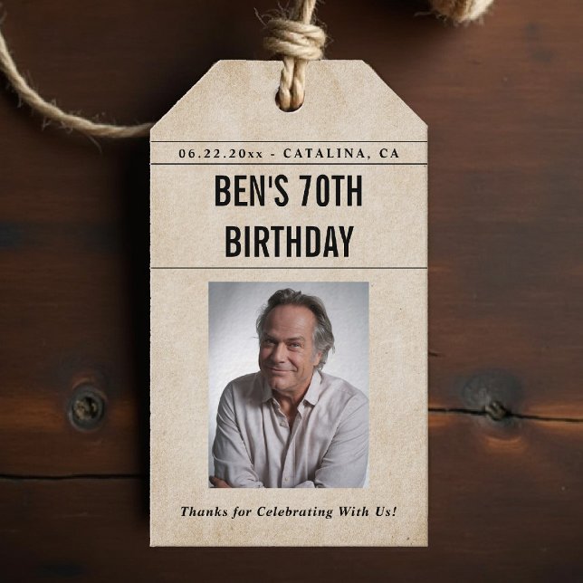 Newspaper Birthday News Funny Humorous Men 70th Presentetikett (men 70th birthday party gift tag personalized newspaper theme vintage funny photo thank you)