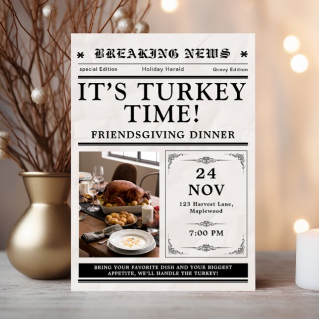 Newspaper Friendsgiving Dinner Thanksgiving Fall Inbjudningar (thanksgiving invitations dinner friendsgiving party feast rustic fall leaves newspaper style vintage)