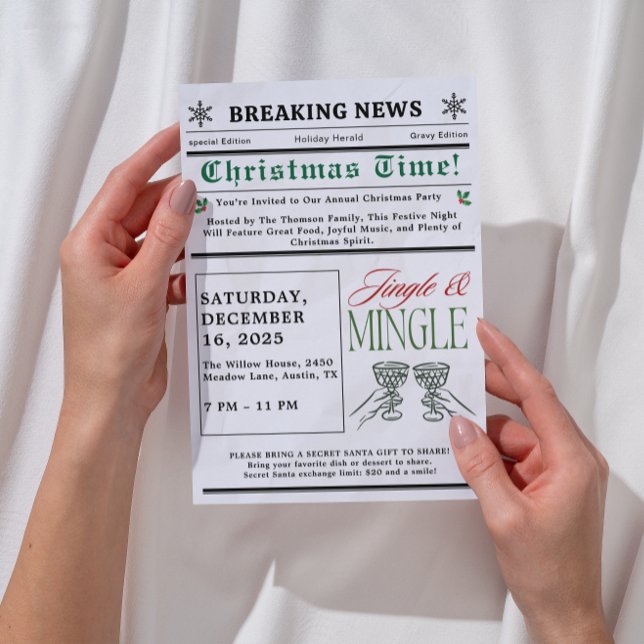 Newspaper Jingle and Mingle Cocktail Christmas  Inbjudningar (newspaper jingle and mingle christmas invitations exchange christmas cocktail party white elephant )
