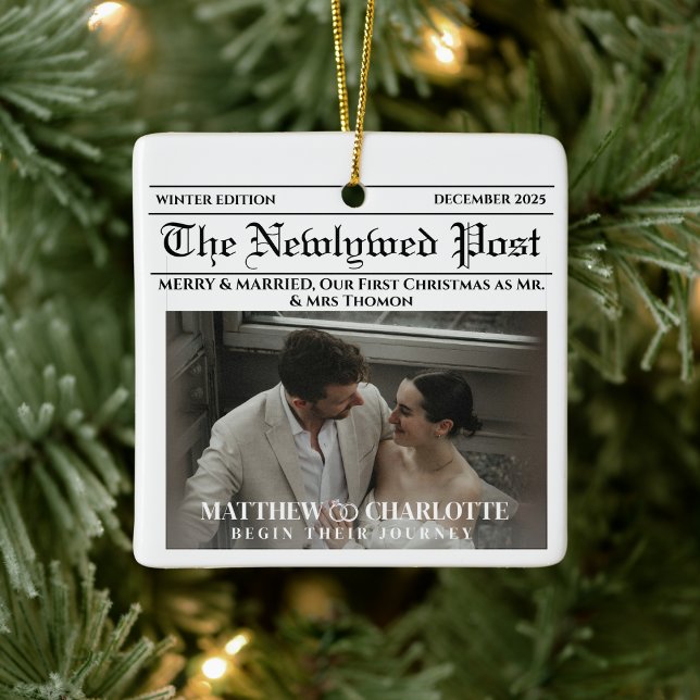 Newspaper Merry and Married Holiday Accents Photo Julgransprydnad Keramik (merry and married holiday accents elegant modern mr and mrs newlyweds first christmas keepsake)