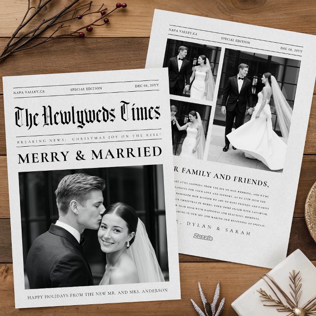 Newspaper Merry And Married Newlywed Wedding Photo Julkort (Skapare uppladdad)
