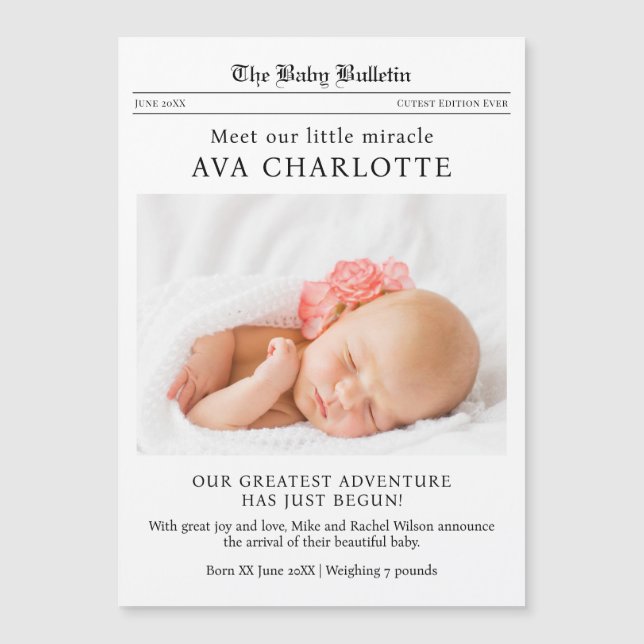 Newspaper Newborn Baby Announcement Magnetic Card (Framsida)