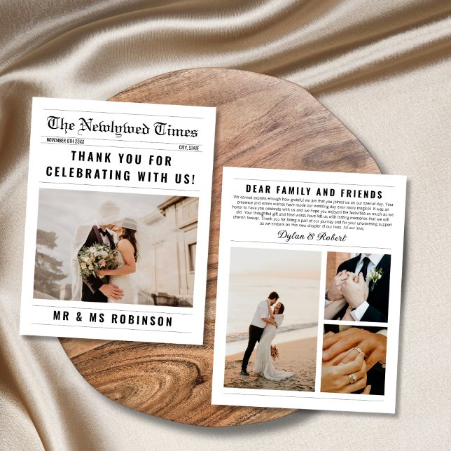 Newspaper Photo Collage Elegant bröllop Tack Kort (newspaper wedding thank you card 4 photo collage classic elegant)