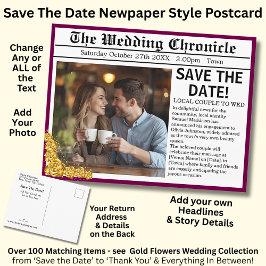 Newspaper Photo Style Save The Date, Maroon & Gold Meddelande Vykort