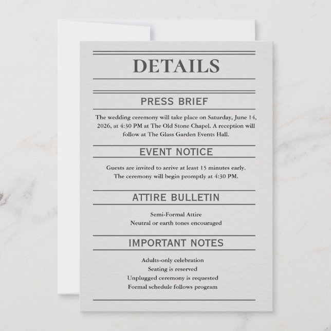 Newspaper-Style Wedding Details Card (Framsida)
