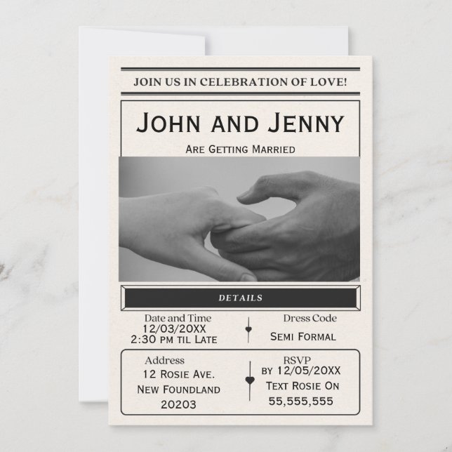 Newspaper-Style Wedding Invitation | Customisable  Inbjudningar (Framsida)