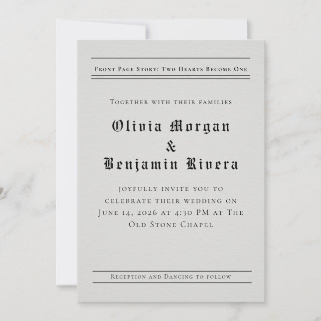 Newspaper-Style Wedding Invitation Inbjudningar (Framsida)