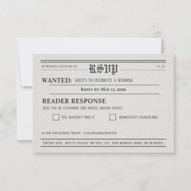 Newspaper-Style Wedding RSVP Response card OSA Kort (Framsida)