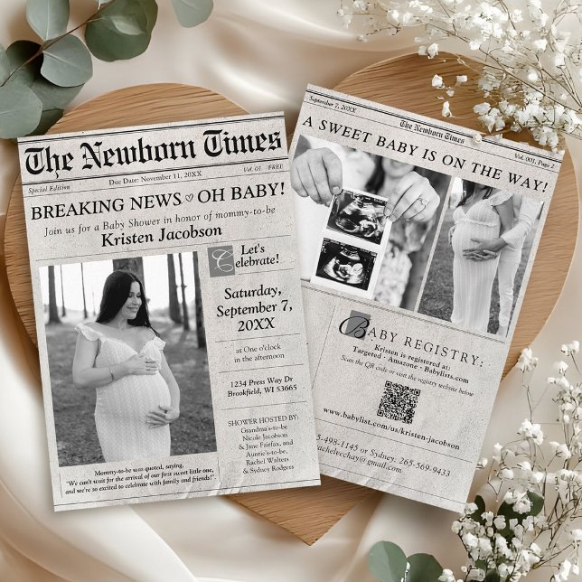 Newspaper Theme Photo Baby Shower Invitation Inbjudningar (Cute modern The Newborn Times newspaper photo theme black and quite QR code baby shower invitation)