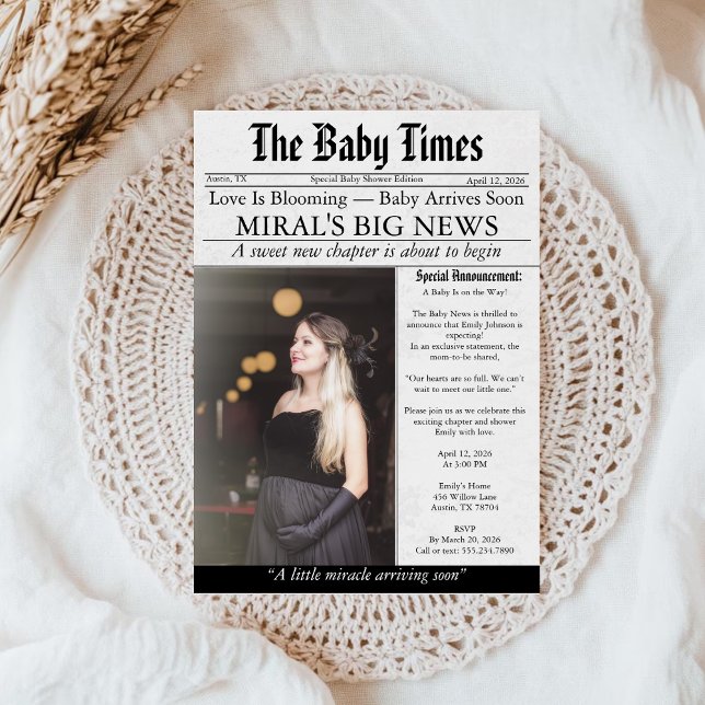 Newspaper Unique Fun Photo aesthetic Baby Shower Inbjudningar (Skapare uppladdad)
