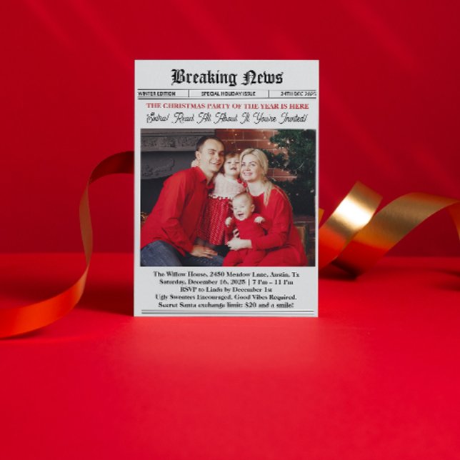 Newspaper Vintage Christmas Party Inbjudningar ( newspaper Christmas Party Invitation secret santa white elephant exchange favorite things party)