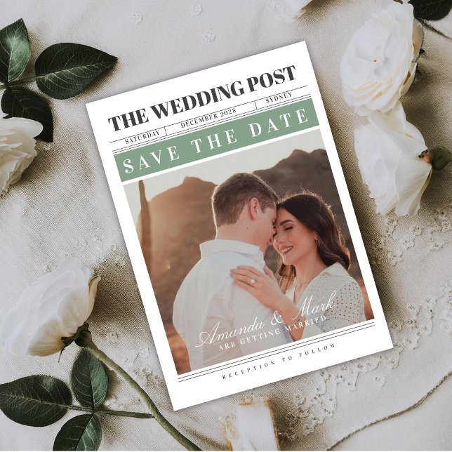 Newspaper Wedding Black and white Save the Date Inbjudningar (Skapare uppladdad)