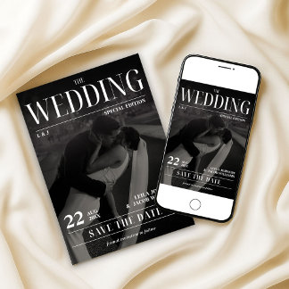 Newspaper Wedding Save the Date Modern Magazine Inbjudningar