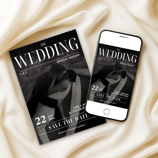 Newspaper Wedding Save the Date Modern Magazine Inbjudningar (Newspaper Wedding Save the Date Modern Magazine Invitation, Photo Wedding Invite, Magazine Cover)