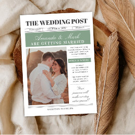 Newspaper Wedding Unique Fun Black and white Inbjudningar