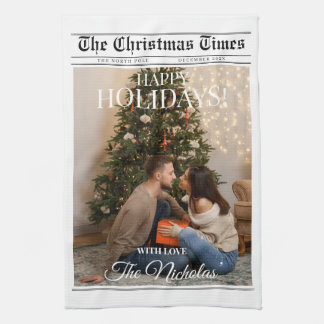 Newspaper What A Year Black White Photo Christmas Kökshandduk
