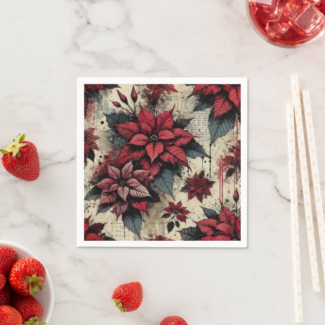 Newsprint Poinsettia Grunge Art Decoupage Napkins Pappersservett (Insitu)