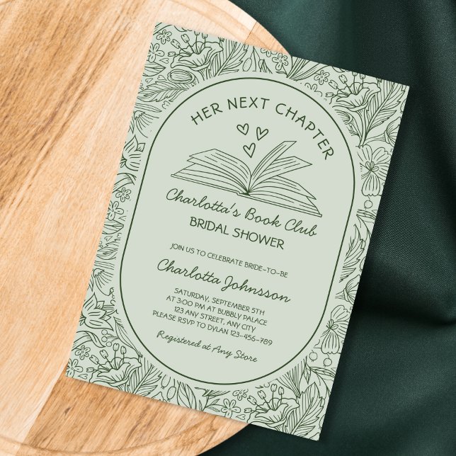 Next Chapter Book Club Sage Green Bridal Shower Inbjudningar (Next Chapter Book Club Sage Green Bridal Shower Invitation)