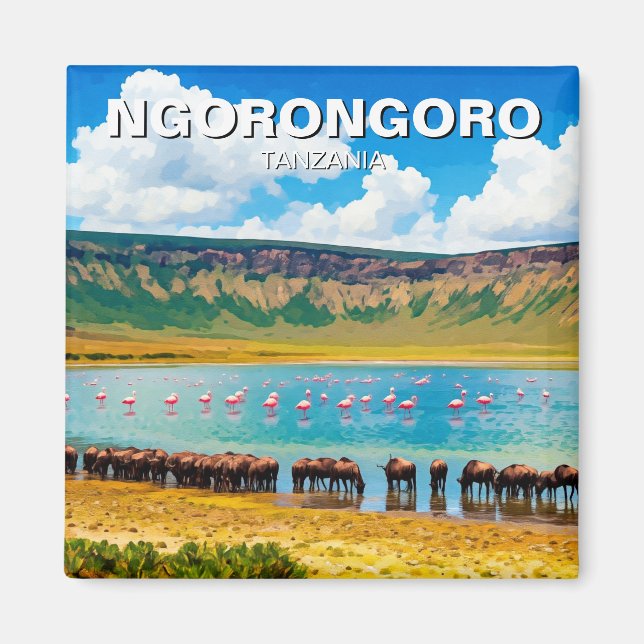 Ngorongoro Tanzania Wildebeest Flamingo Magnet (Framsidan)