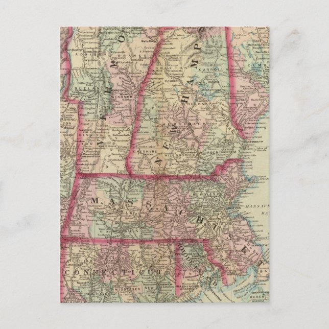 NH, Vt, Mass, RI, Conn Vykort (Framsida)