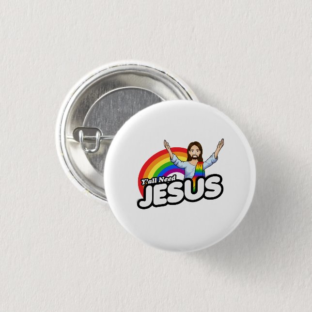 Ni behöver Jesus - Regnbågs Jesus Knapp (Framsida & baksida)