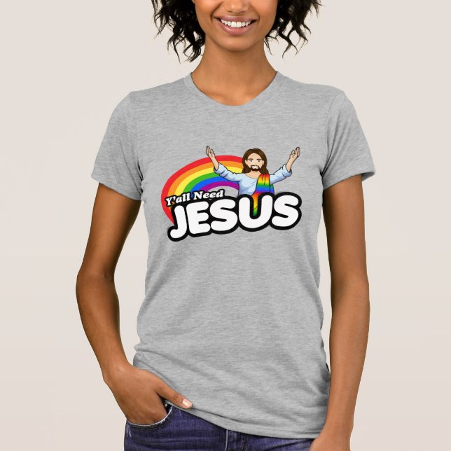 Ni behöver Jesus - Regnbågs Jesus T Shirt (Framsida)