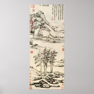 Ni Zan - träd i ett River Valley i Yu-shan Poster