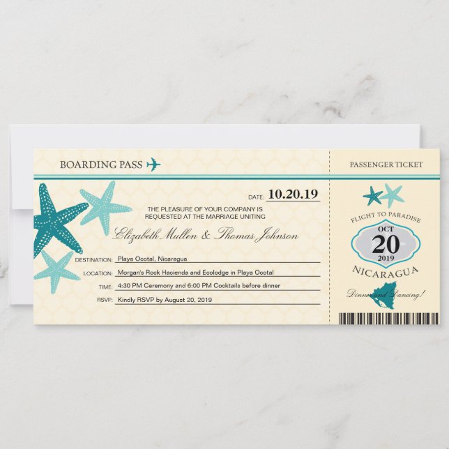 Nicaragua Boarding Pass för Teal och Butterkräm Inbjudningar (Framsida)