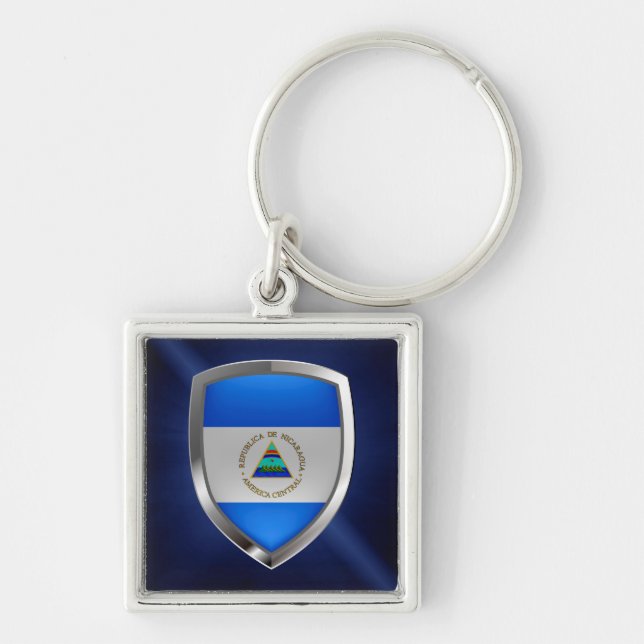 Nicaragua Metallic Emblem Fyrkantig Silverfärgad Nyckelring (Framsidan)