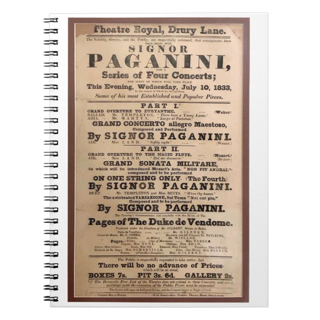 Niccolò Paganini-konserten poster Drury Lane Londo Anteckningsbok (Framsidan)