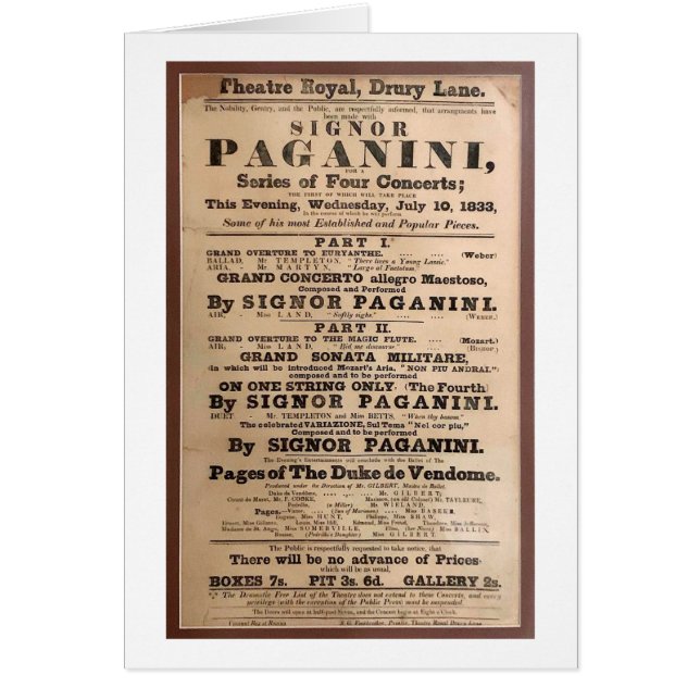 Niccolò Paganini-konserten poster Drury Lane Londo Hälsningskort (Framsidan)