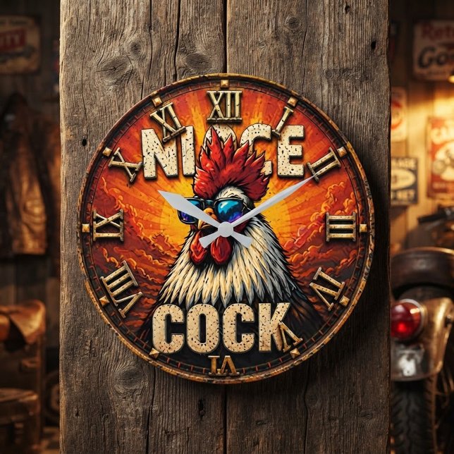 Nice Funny Rooster  Rustic Farmhouse Chicken  Stor Klocka (Skapare uppladdad)