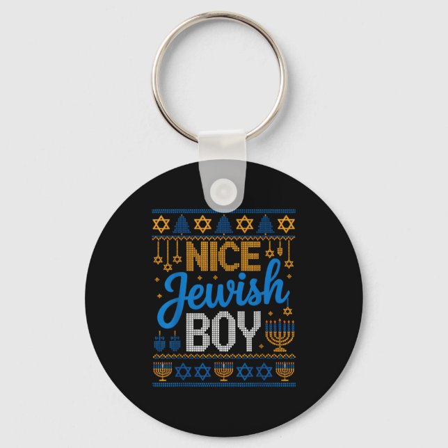 Nice Jewish Boy Hanukkah Menorah Dreidel Ugly Swea Nyckelring (Framsida)