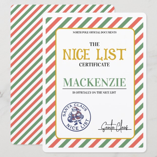 Nice List Certificate Signed by Santa Personalized Julkort (Fram/baksida)