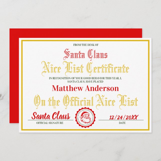Nice-listcertifikat för barn|Julgåva Julkort (Fram/baksida)