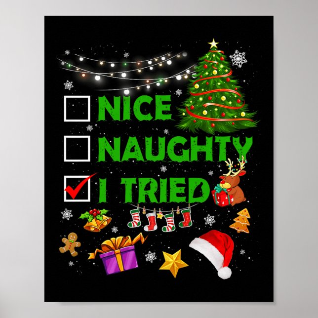 Nice Naughty I Tried Christmas Tree Light Funny Xm Poster (Framsidan)