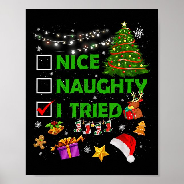 Nice Naughty I Tried Christmas Tree Light Funny Xm Poster (Framsidan)