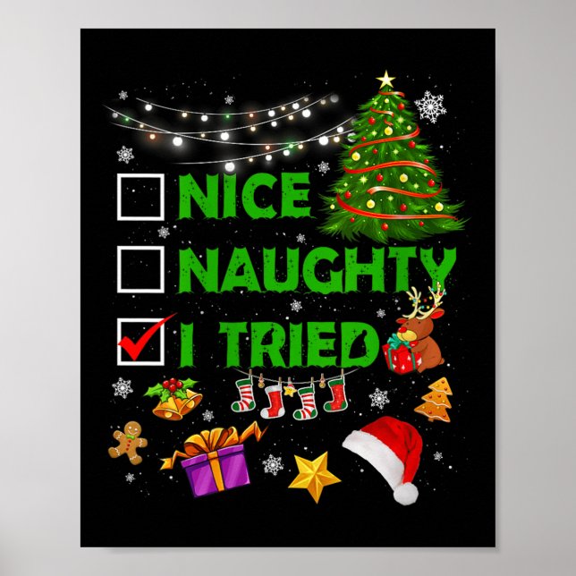 Nice Naughty I Tried Christmas Tree Light Funny Xm Poster (Framsidan)