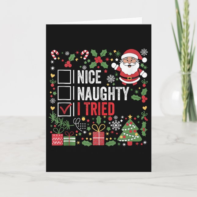 Nice Naughty I Tried Funny Christmas Santa Claus T Kort (Framsida)