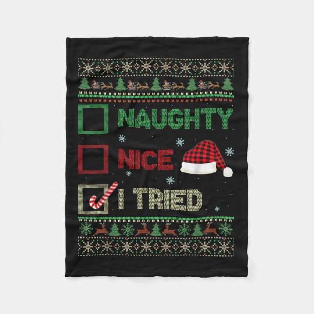 Nice Naughty I Tried Ugly Sweater Red Plaid Christ Fleecefilt (Framsidan)