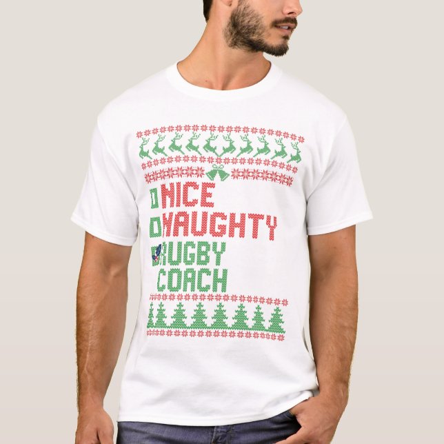 Nice Naughty Rugby Coach Funny Julmatchning T Shirt (Framsida)